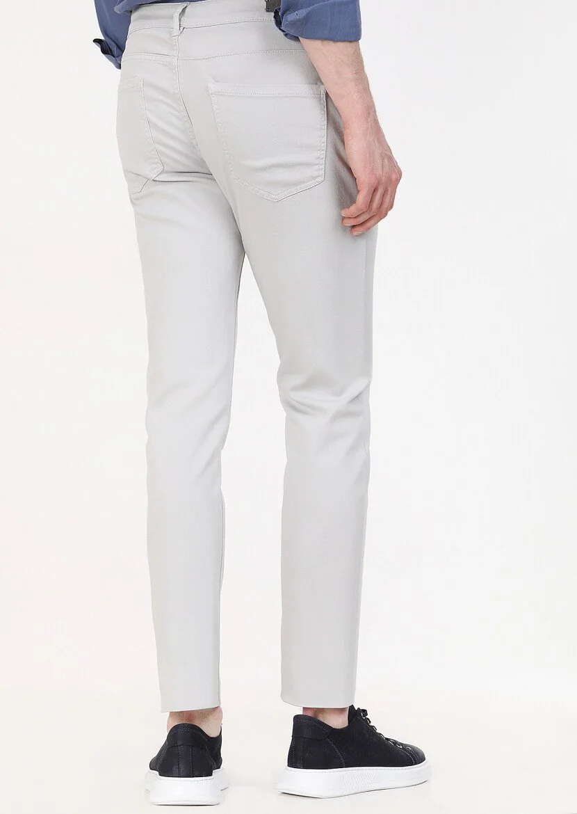 Açık Gri Düz Dokuma Slim Fit Casual Pamuk Karışımlı Pantolon - 4