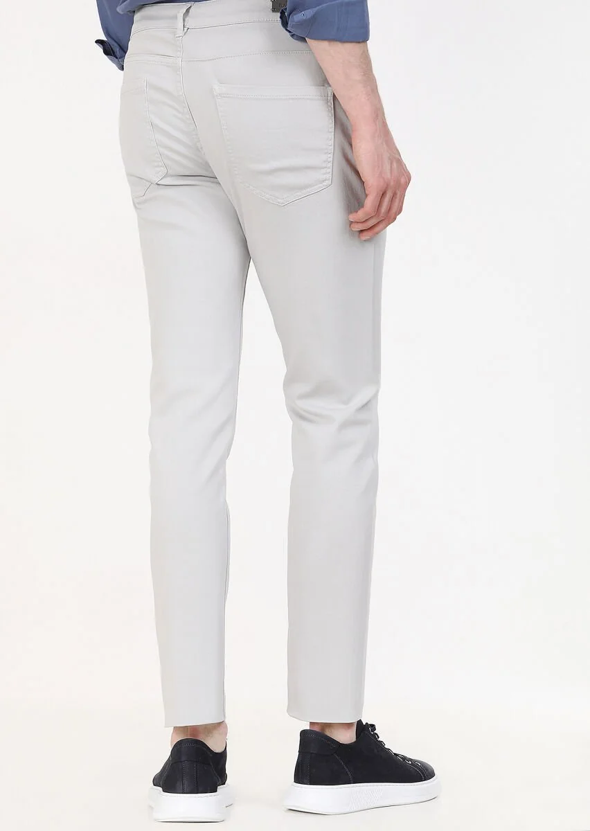 Açık Gri Düz Dokuma Slim Fit Casual Pamuk Karışımlı Pantolon - 4