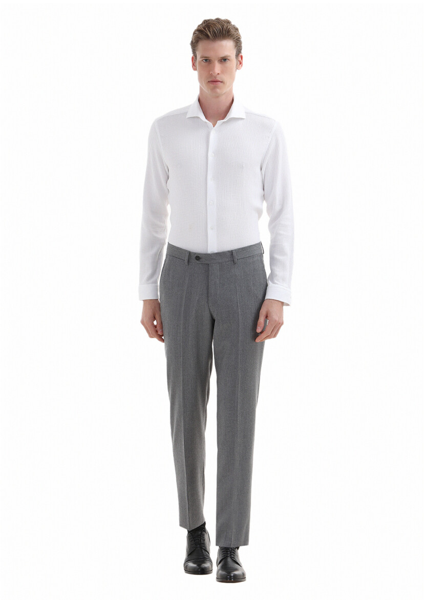 Açık Gri Düz Kumaş Regular Fit Klasik %100 Yün Pantolon - 1