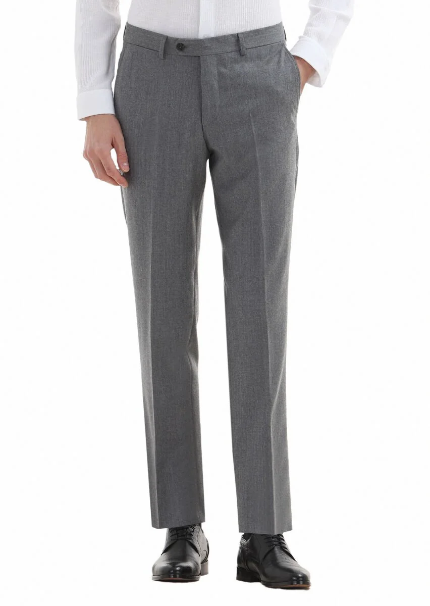 Açık Gri Düz Kumaş Regular Fit Klasik %100 Yün Pantolon - 2
