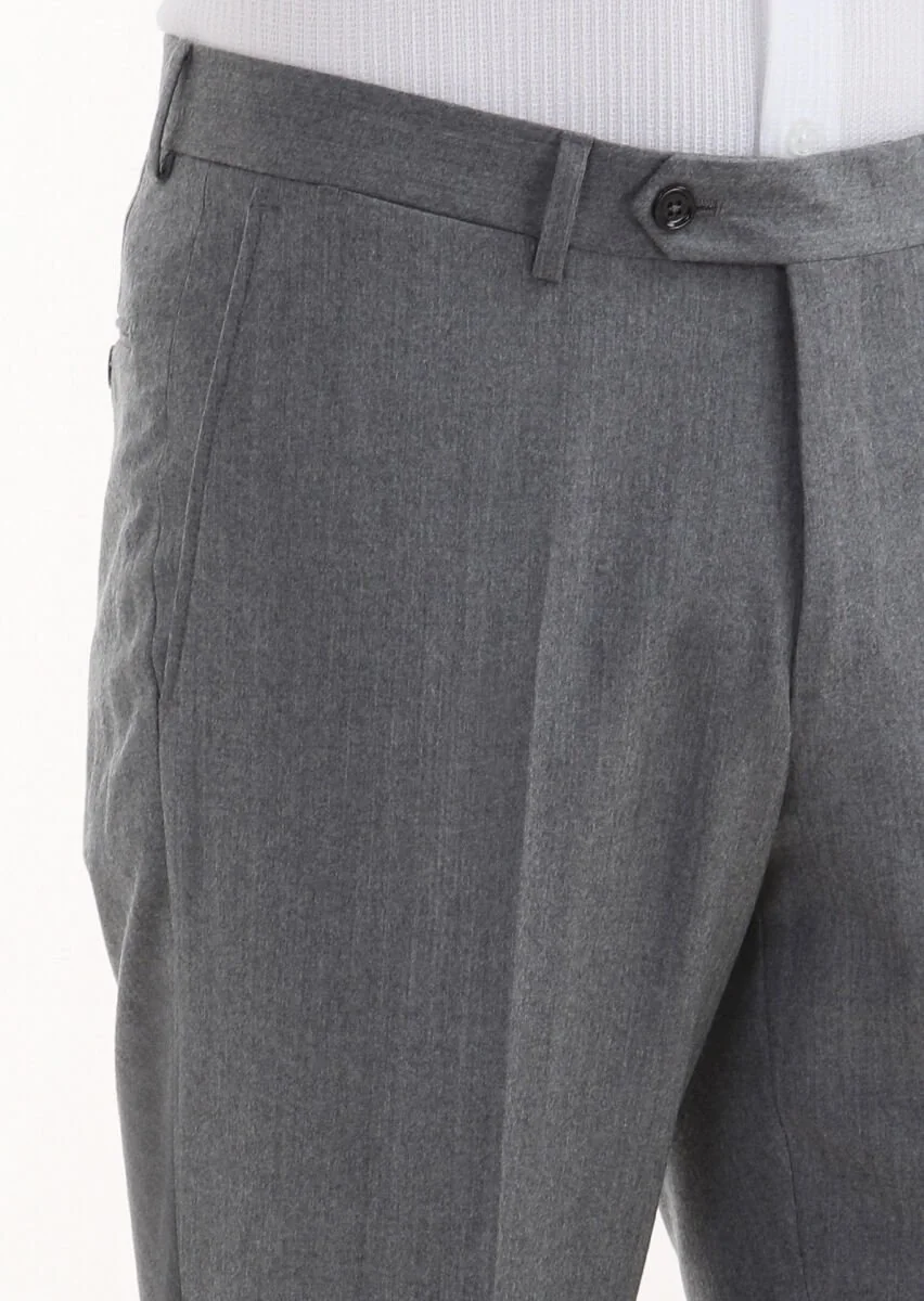 Açık Gri Düz Kumaş Regular Fit Klasik %100 Yün Pantolon - 3
