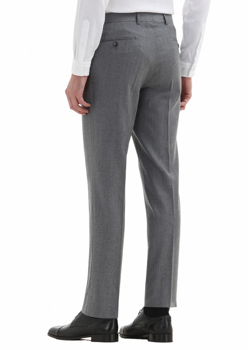 Açık Gri Düz Kumaş Regular Fit Klasik %100 Yün Pantolon - 4