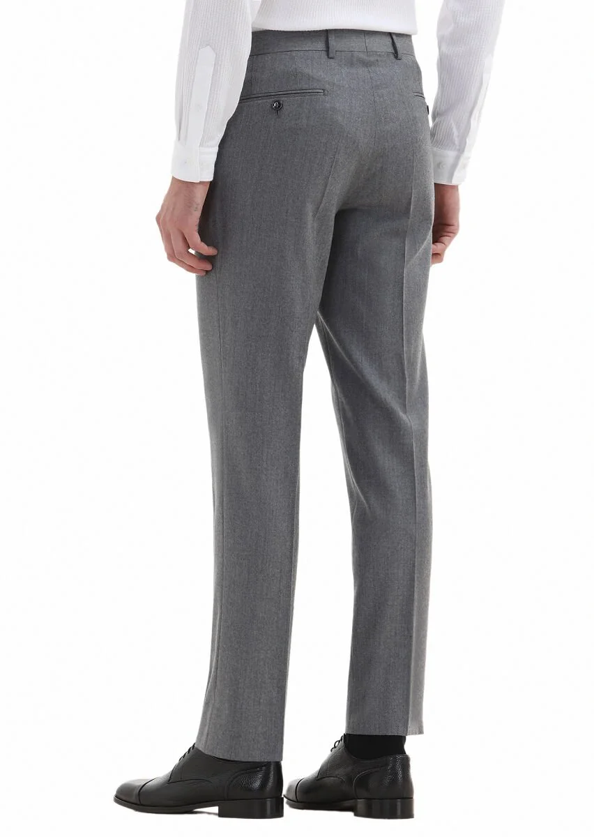Açık Gri Düz Kumaş Regular Fit Klasik %100 Yün Pantolon - 4