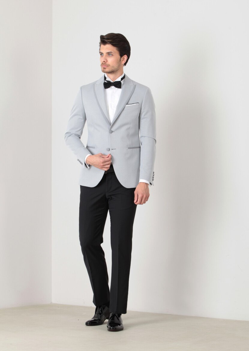 Açık Gri Düz Modern Fit Yün Karışımlı Smokin Ceket - 1