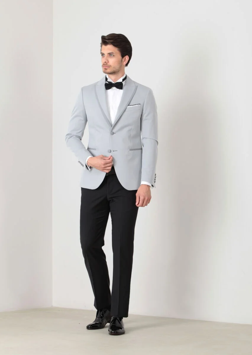 Açık Gri Düz Modern Fit Yün Karışımlı Smokin Ceket - 1
