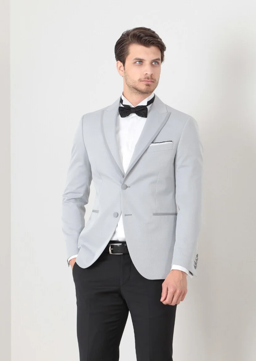 Açık Gri Düz Modern Fit Yün Karışımlı Smokin Ceket - 2