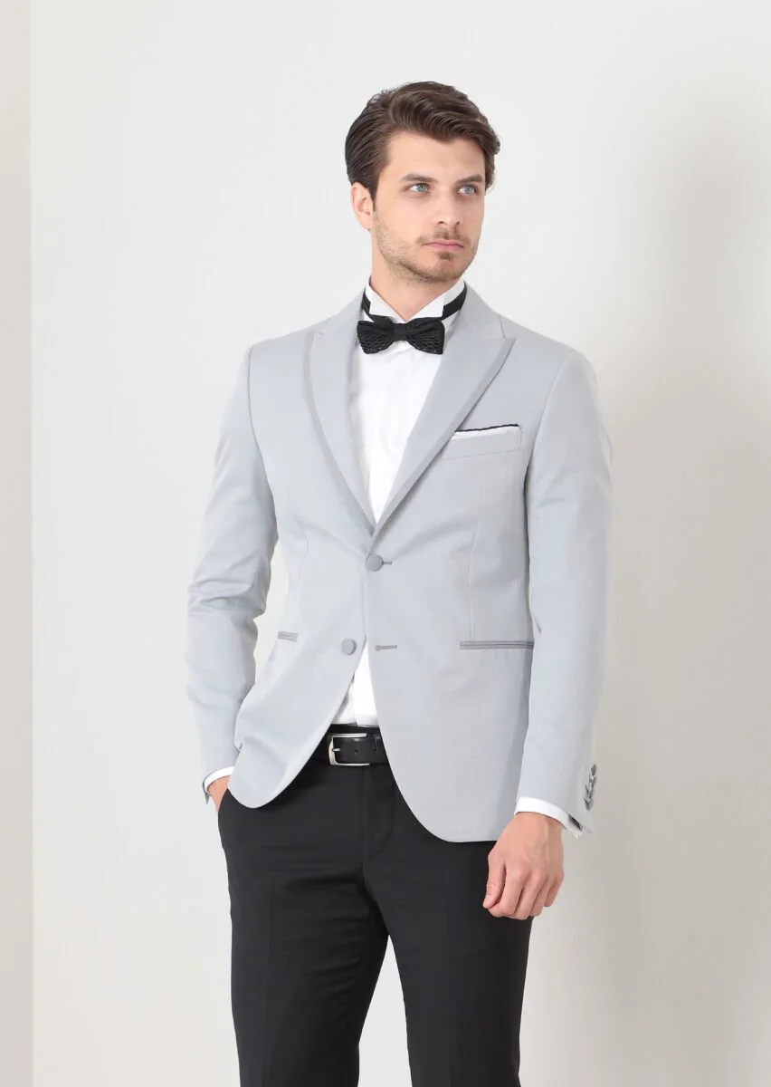 Açık Gri Düz Modern Fit Yün Karışımlı Smokin Ceket - 2