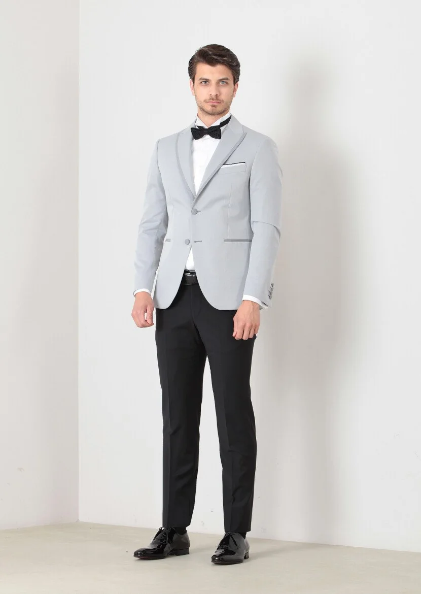 Açık Gri Düz Modern Fit Yün Karışımlı Smokin Ceket - 3