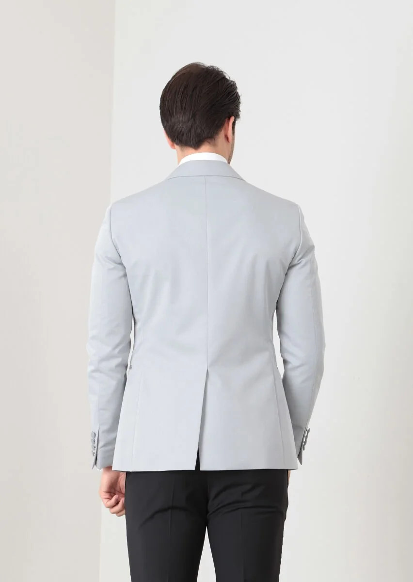 Açık Gri Düz Modern Fit Yün Karışımlı Smokin Ceket - 5