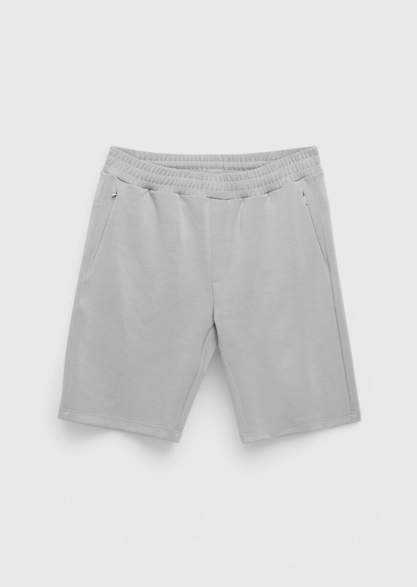 Açık Gri Düz Örme Jogging Fit Spor Bermuda - 5