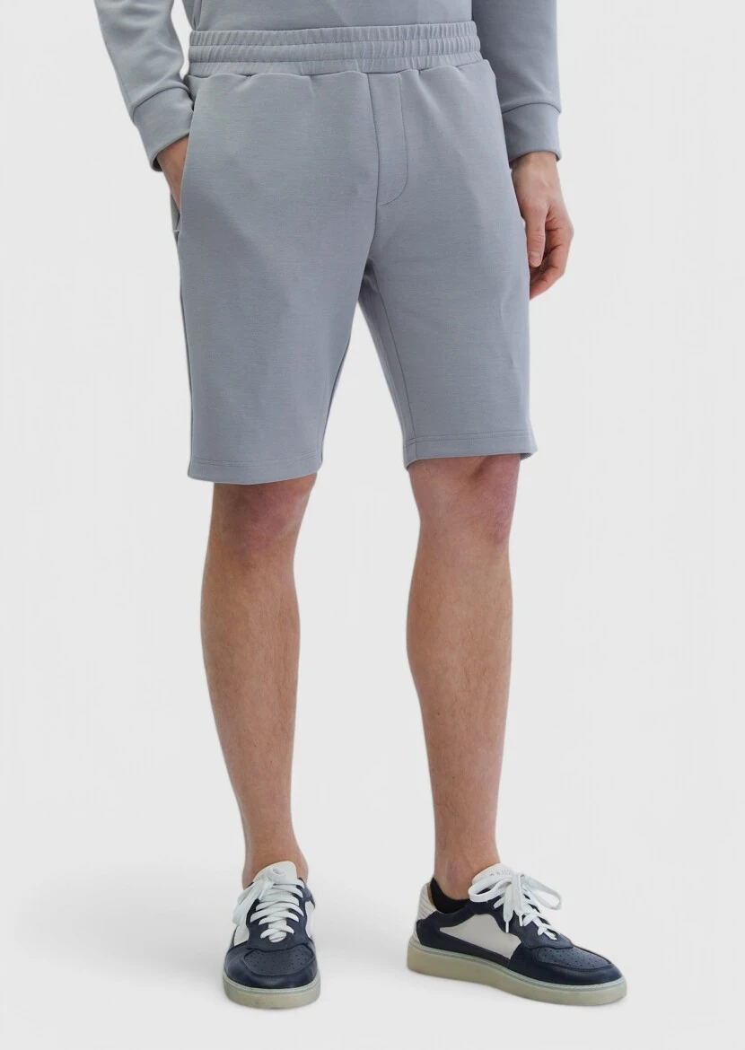 Açık Gri Düz Örme Jogging Fit Spor Bermuda 