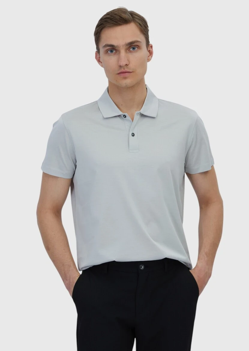 Açık Gri Düz Polo Yaka %100 Pamuk T-Shirt - 1