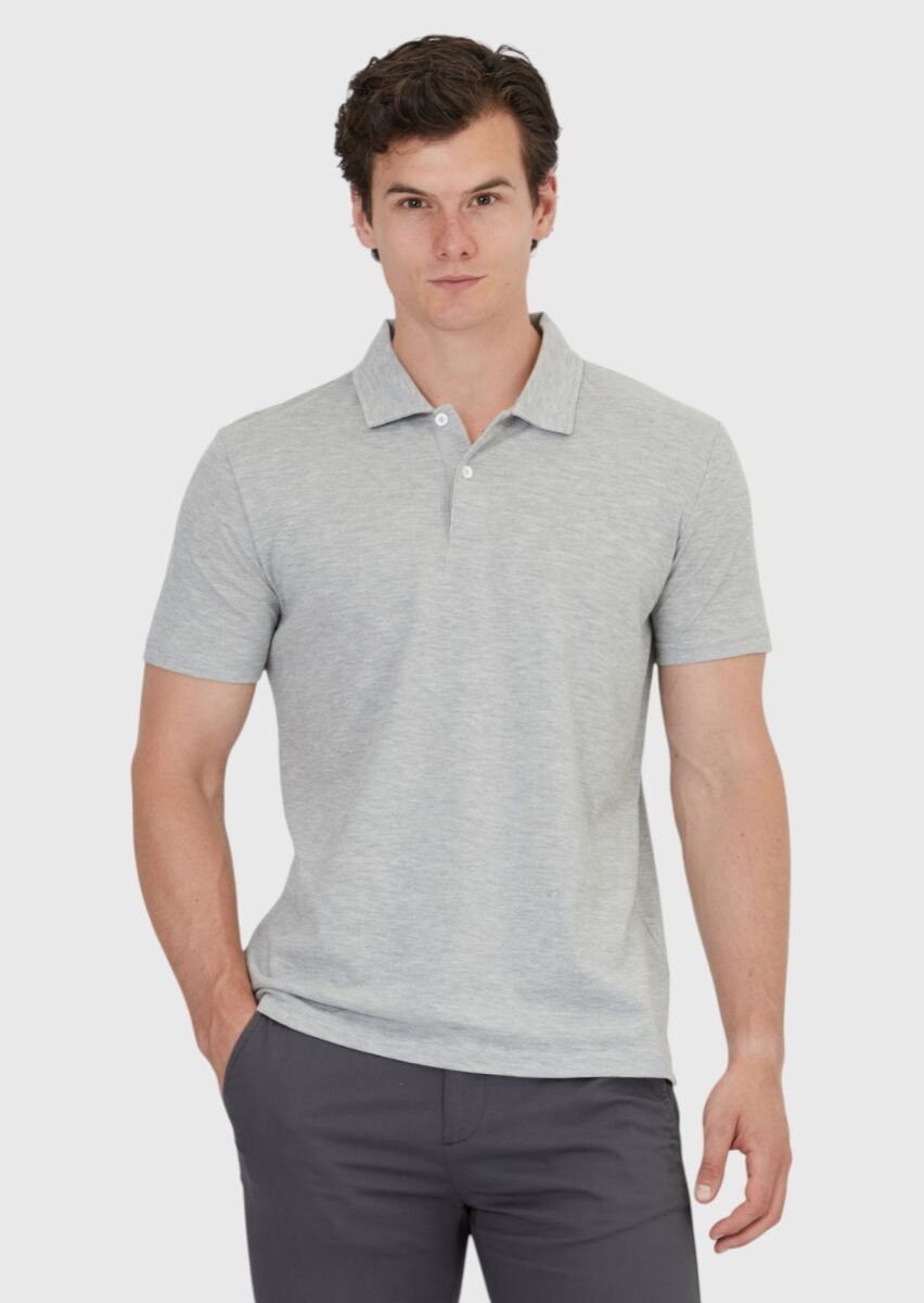 Açık Gri Düz Polo Yaka %100 Pamuk T-Shirt - 1