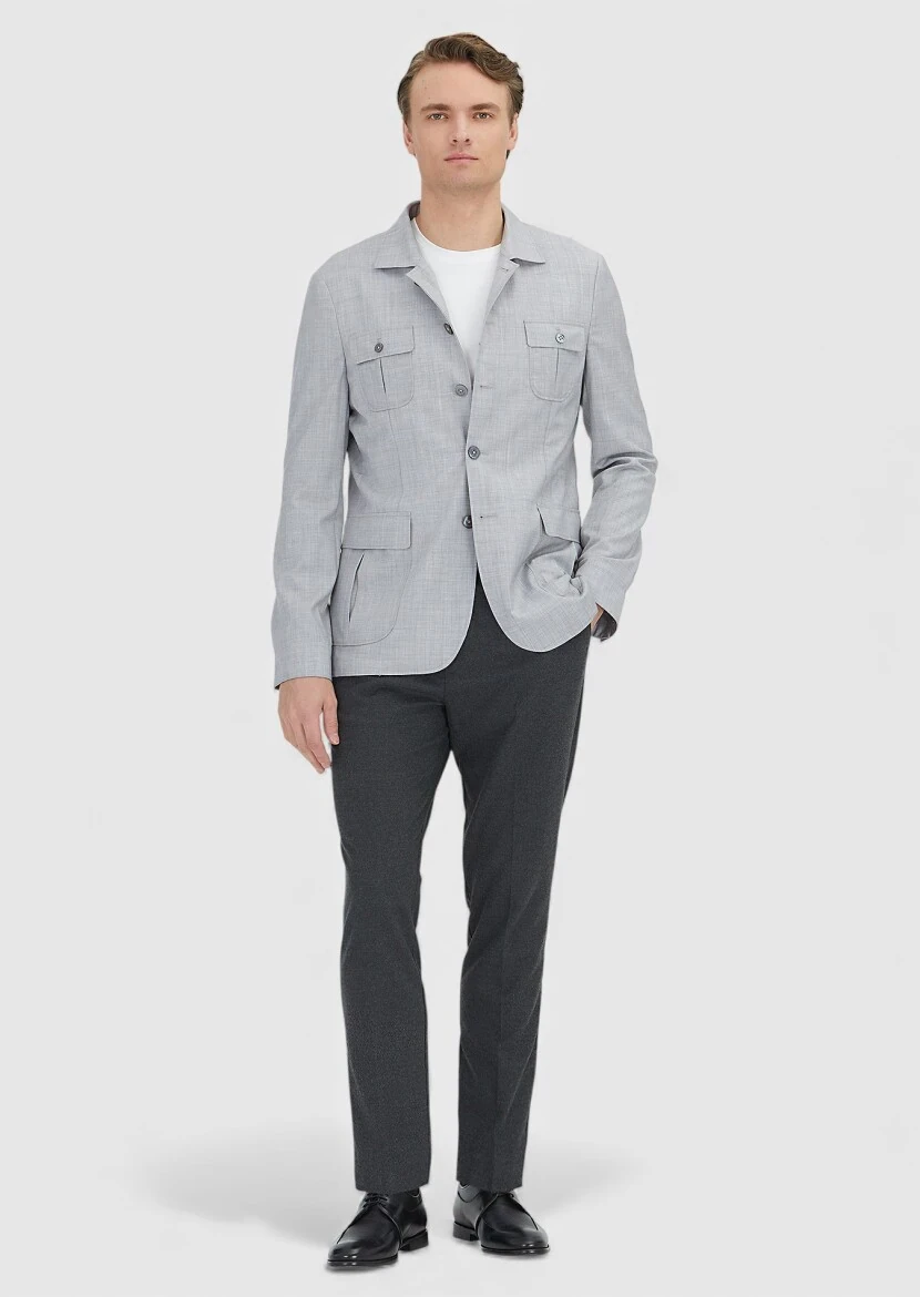 Açık Gri Düz Shirt Shoulder Slim Fit %100 Yün Ceket - 2