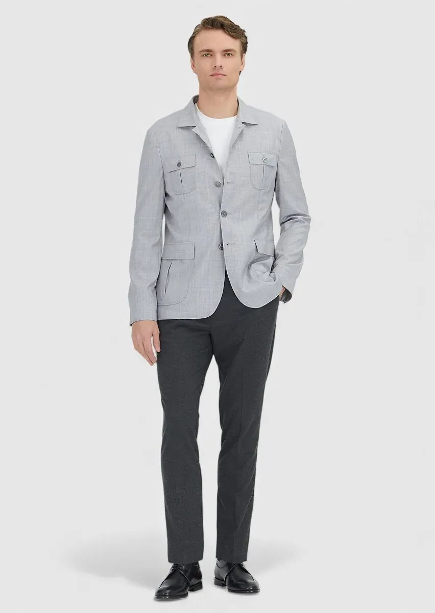 Açık Gri Düz Shirt Shoulder Slim Fit %100 Yün Ceket - 2