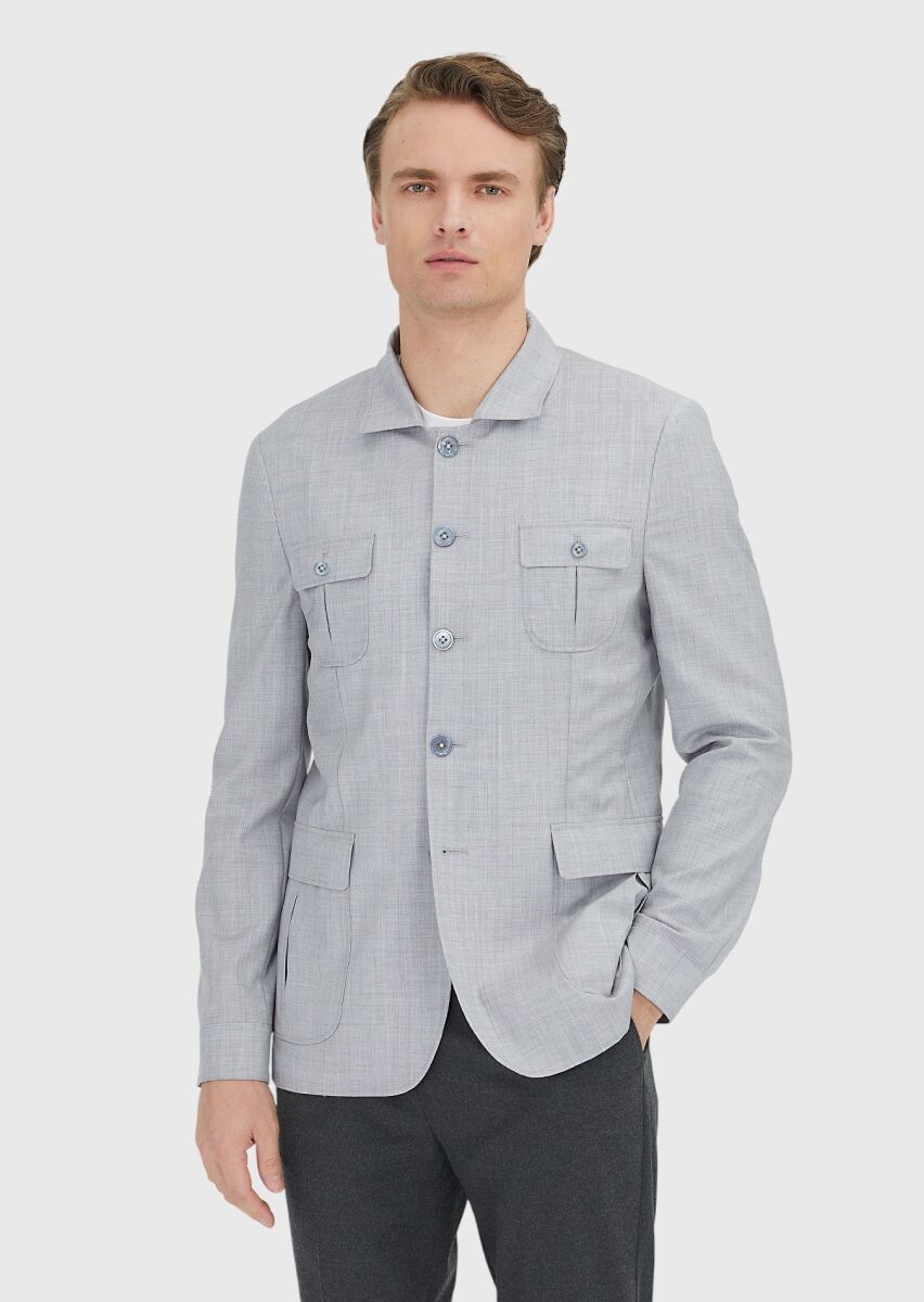 Açık Gri Düz Shirt Shoulder Slim Fit %100 Yün Ceket - 1