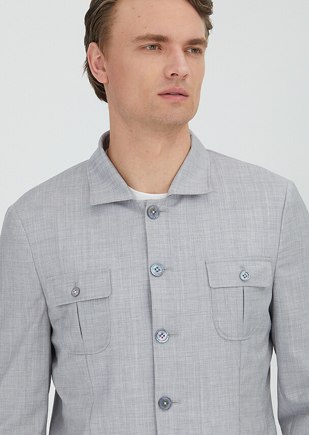 Açık Gri Düz Shirt Shoulder Slim Fit %100 Yün Ceket - 3