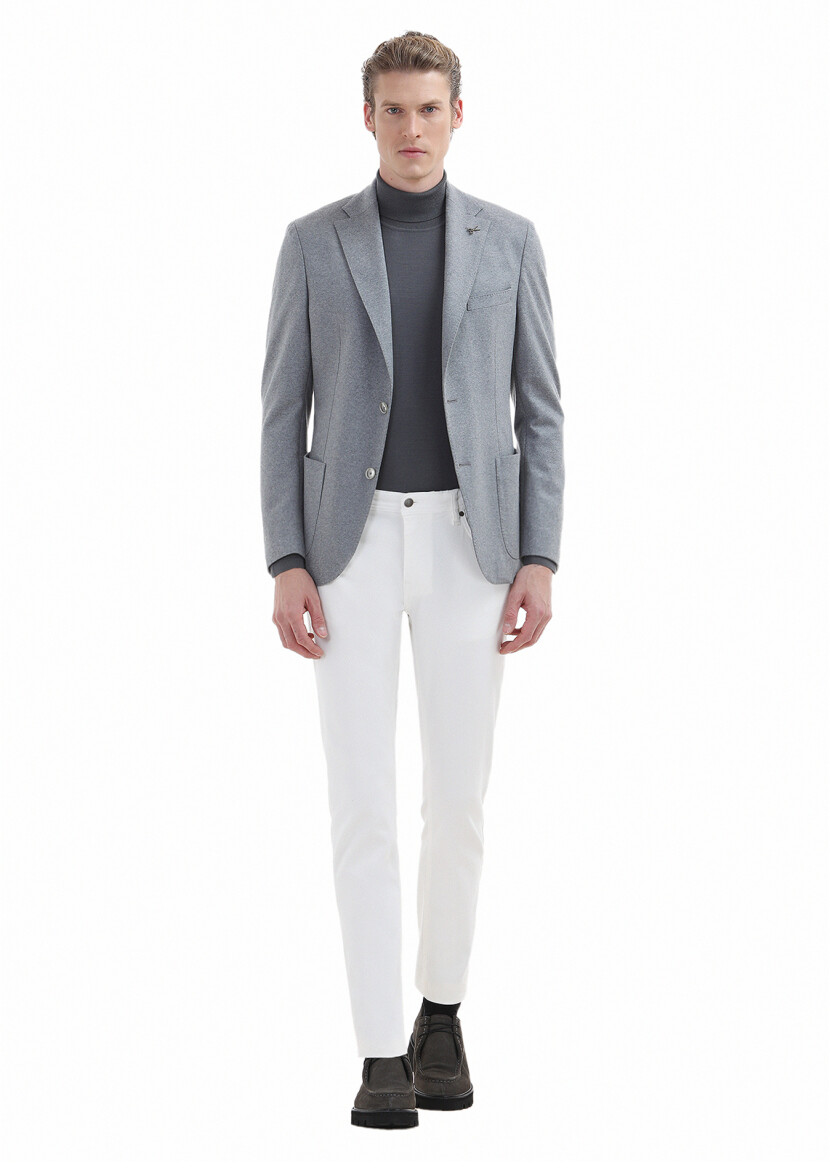 Açık Gri Düz Shirt Shoulder Slim Fit %100 Yün Örme Ceket - 2