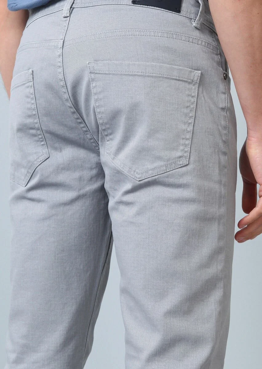 Açık Gri Düz Slim Fit Denim Pamuk Karışımlı Pantolon - 4
