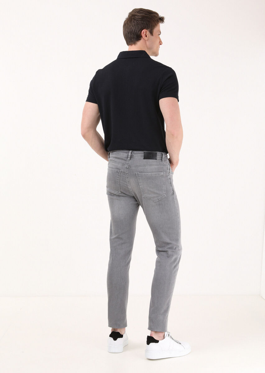 Açık Gri Düz Slim Fit Denim Pamuk Karışımlı Pantolon - 4