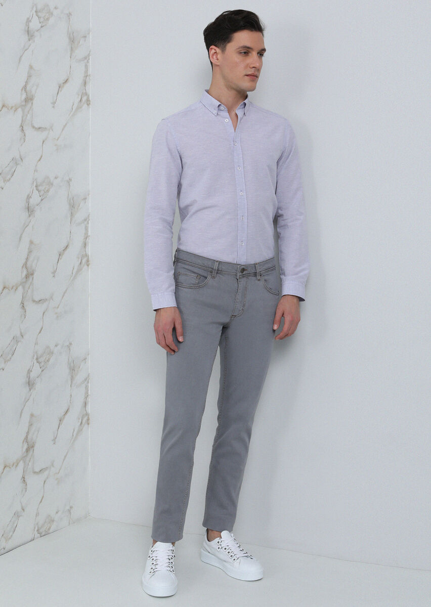 Açık Gri Düz Slim Fit Denim Pamuk Karışımlı Pantolon - 4