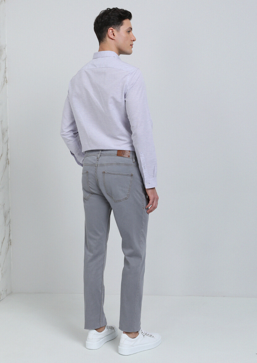 Açık Gri Düz Slim Fit Denim Pamuk Karışımlı Pantolon - 5