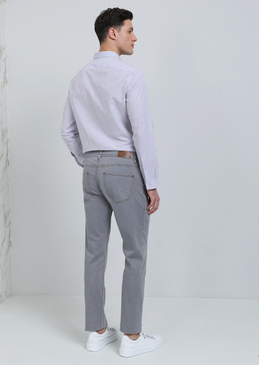 Açık Gri Düz Slim Fit Denim Pamuk Karışımlı Pantolon - 5