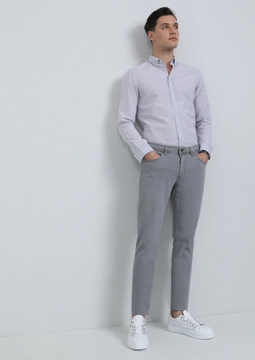 Açık Gri Düz Slim Fit Denim Pamuk Karışımlı Pantolon - 1