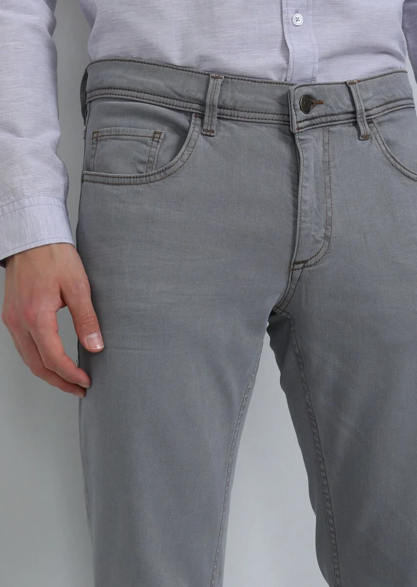 Açık Gri Düz Slim Fit Denim Pamuk Karışımlı Pantolon - 2