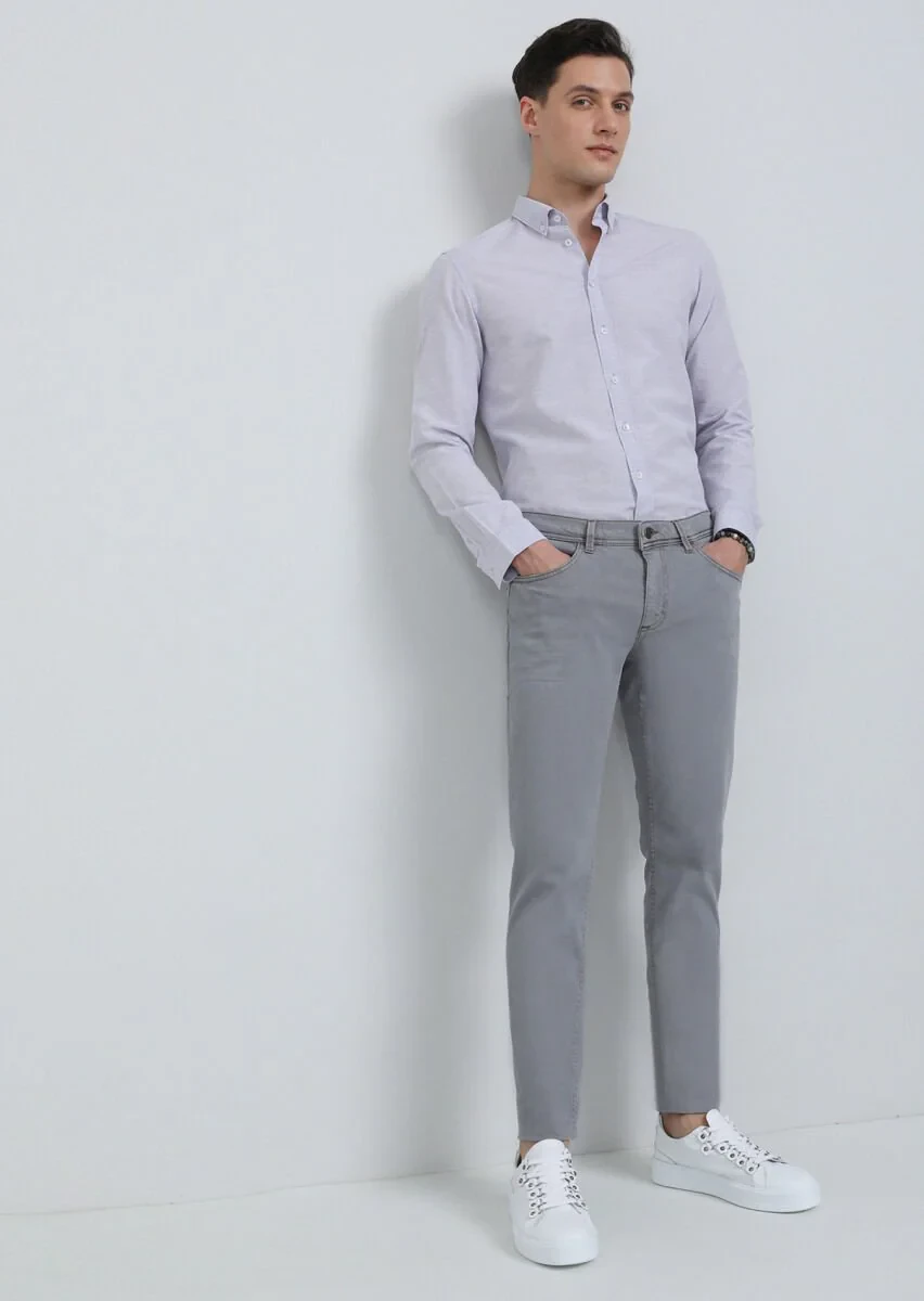 Açık Gri Düz Slim Fit Denim Pamuk Karışımlı Pantolon - 3