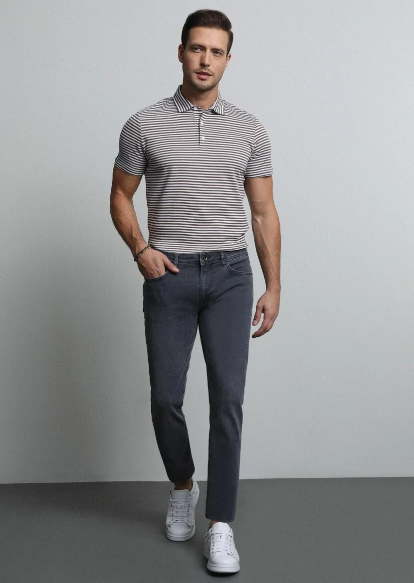 Açık Gri Düz Slim Fit Denim Pamuk Karışımlı Pantolon - 1