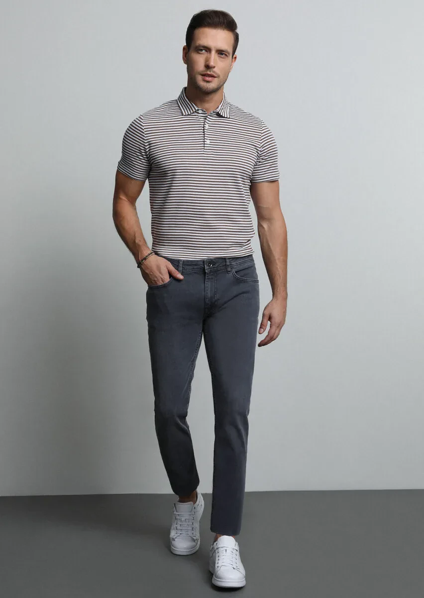 Açık Gri Düz Slim Fit Denim Pamuk Karışımlı Pantolon - 1