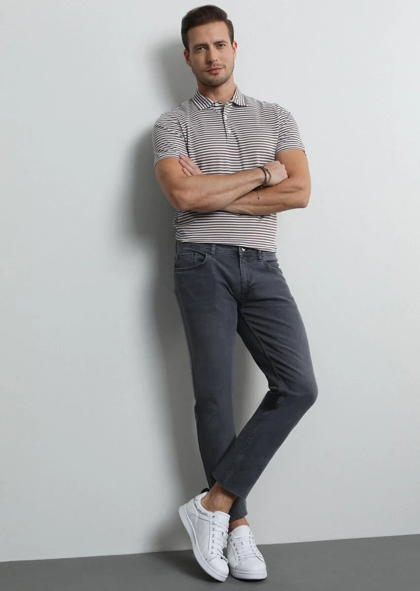Açık Gri Düz Slim Fit Denim Pamuk Karışımlı Pantolon - 3