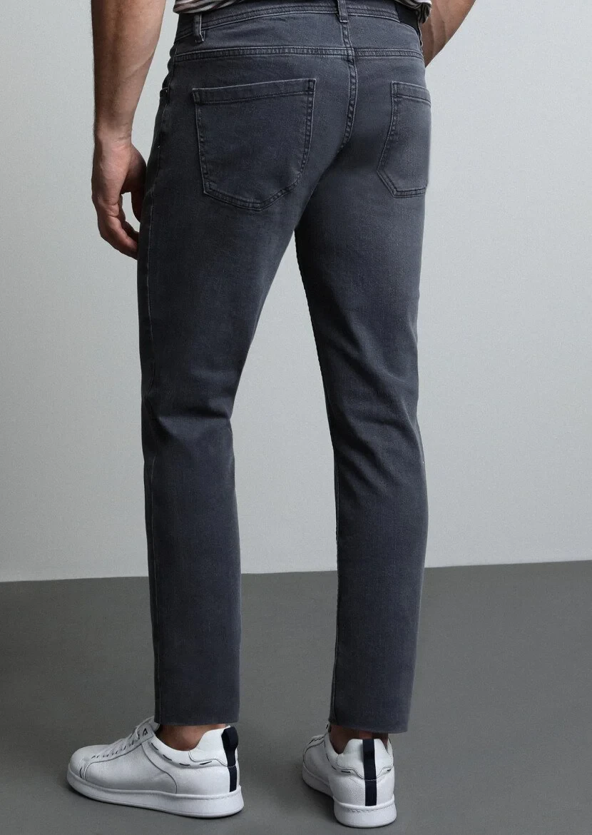 Açık Gri Düz Slim Fit Denim Pamuk Karışımlı Pantolon - 5