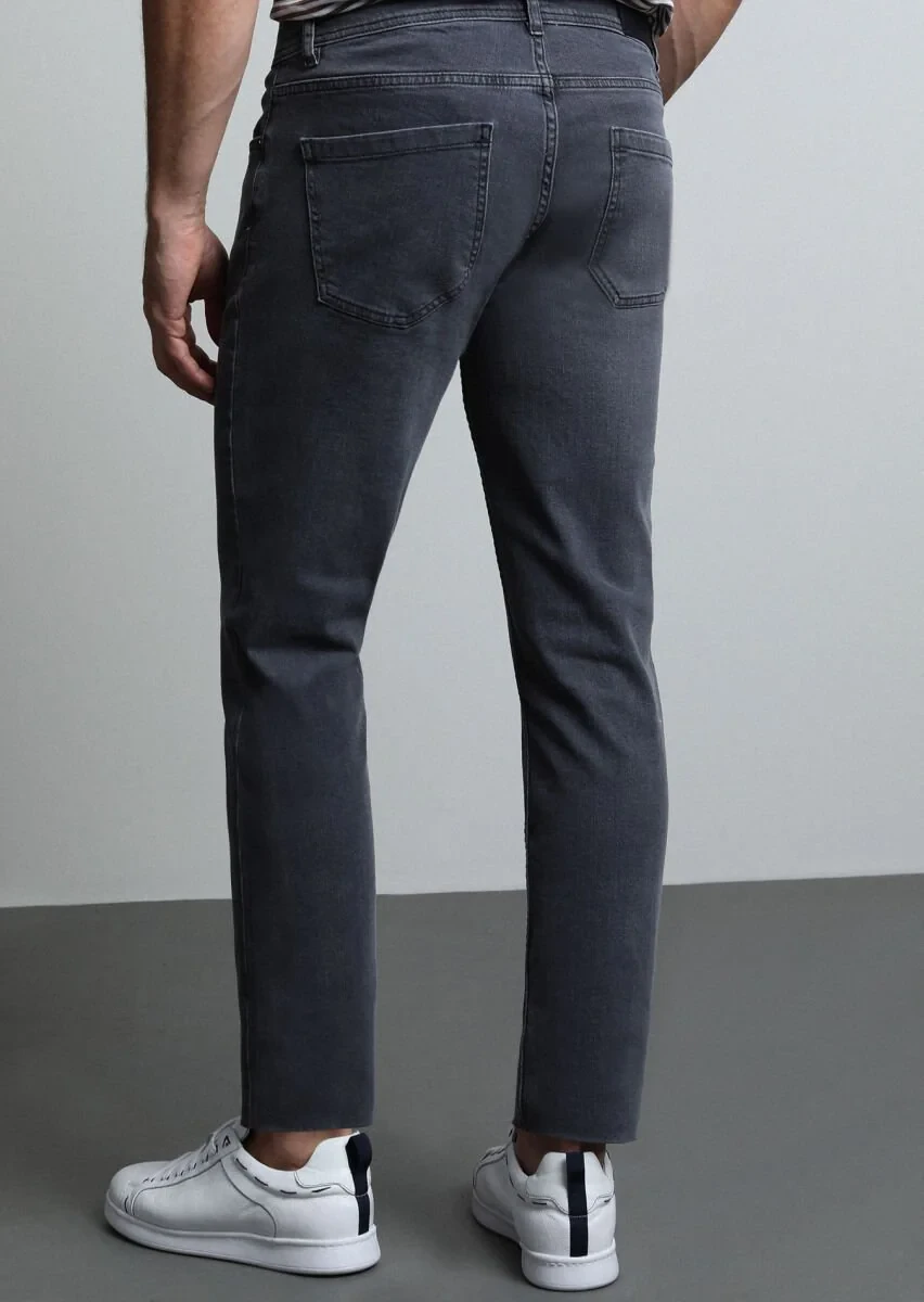 Açık Gri Düz Slim Fit Denim Pamuk Karışımlı Pantolon - 5