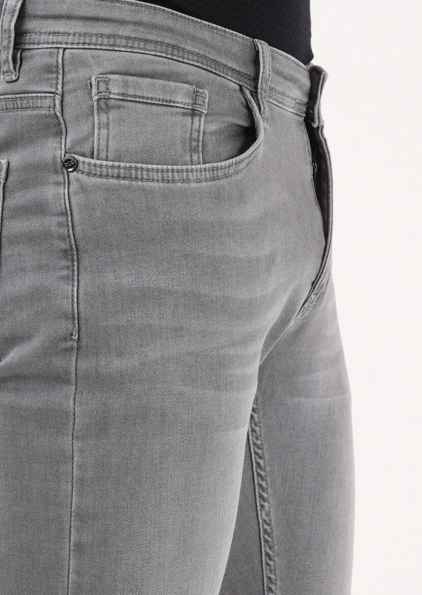 Açık Gri Düz Slim Fit Denim Pamuk Karışımlı Pantolon - 3
