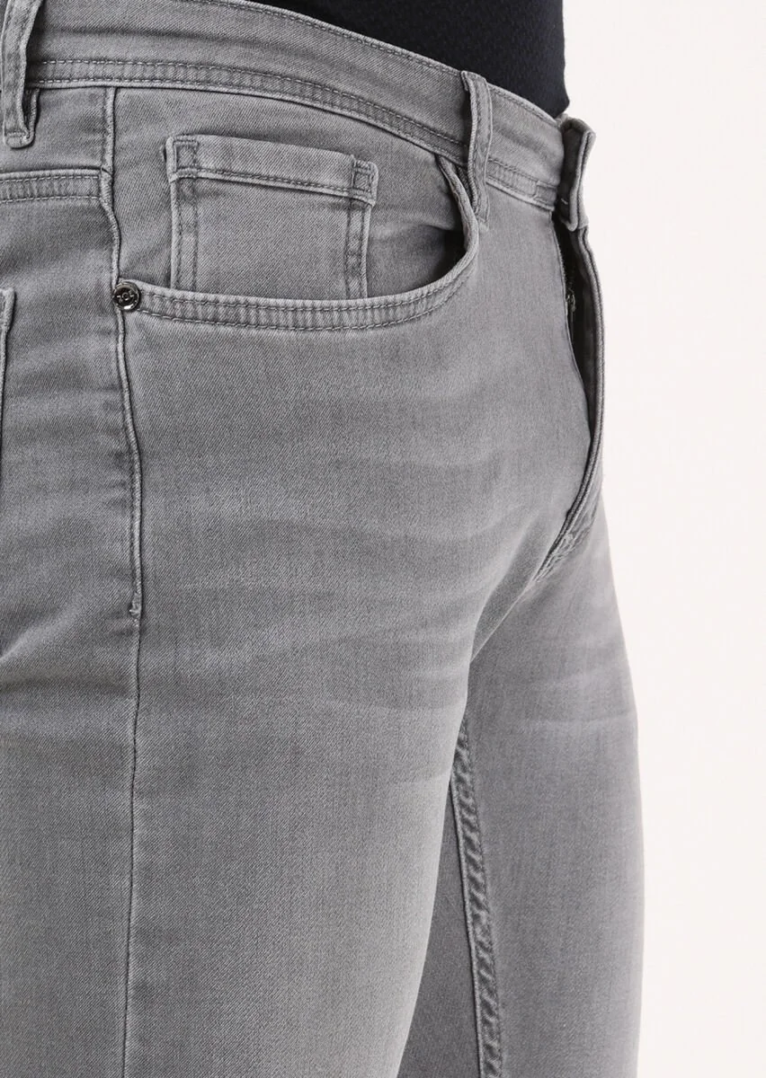 Açık Gri Düz Slim Fit Denim Pamuk Karışımlı Pantolon - 3
