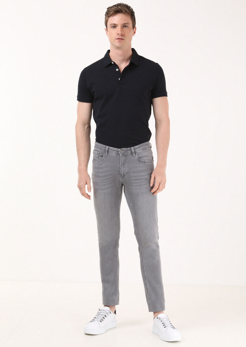 Açık Gri Düz Slim Fit Denim Pamuk Karışımlı Pantolon - 1