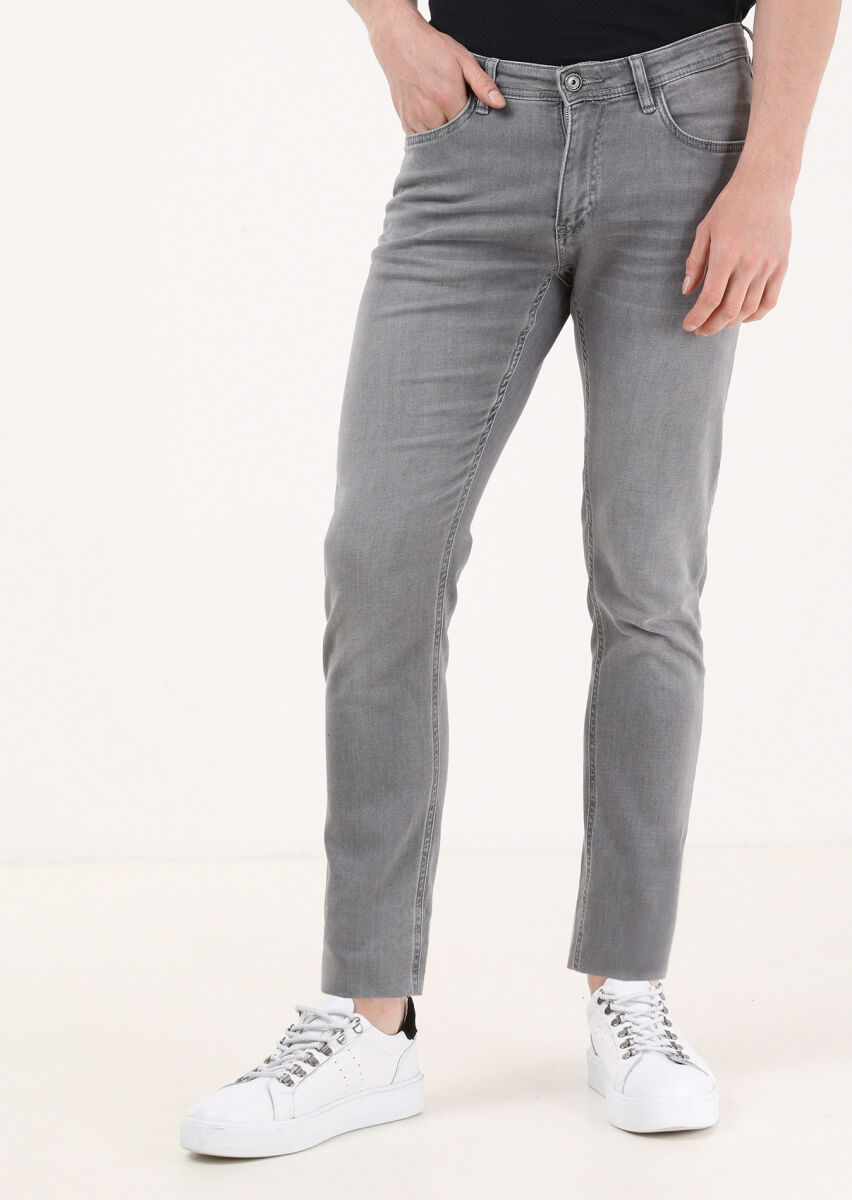 Açık Gri Düz Slim Fit Denim Pamuk Karışımlı Pantolon - 2