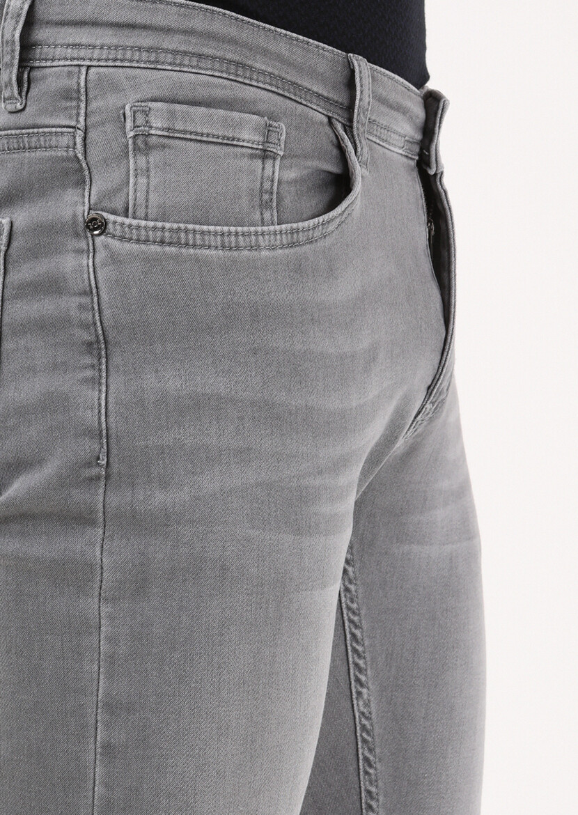 Açık Gri Düz Slim Fit Denim Pamuk Karışımlı Pantolon - 3