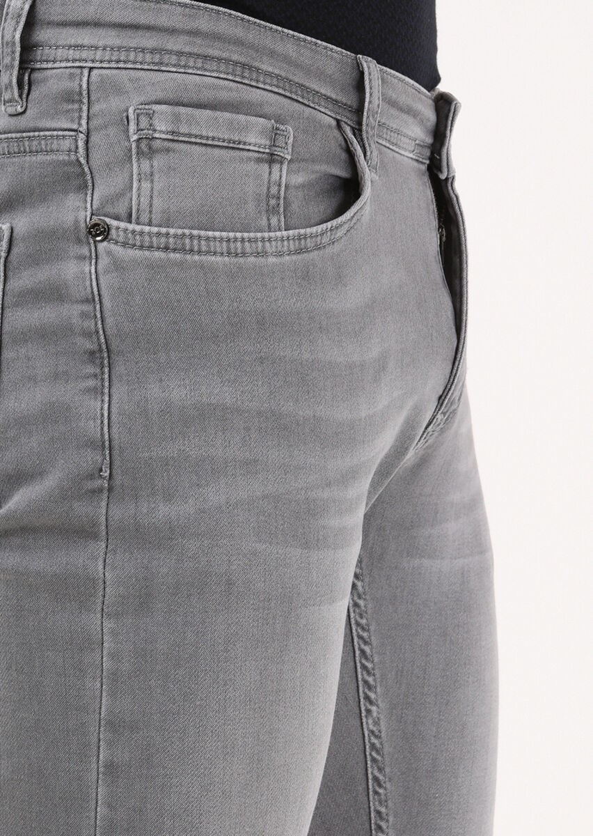 Açık Gri Düz Slim Fit Denim Pamuk Karışımlı Pantolon - 3