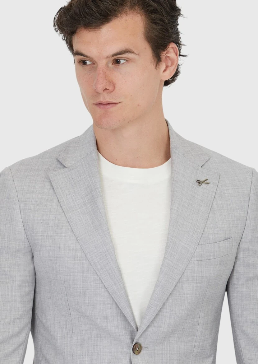 Açık Gri Düz Zeroweight Slim Fit %100 Yün Ceket - 3