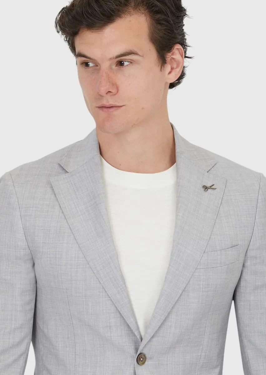 Açık Gri Düz Zeroweight Slim Fit %100 Yün Ceket - 3
