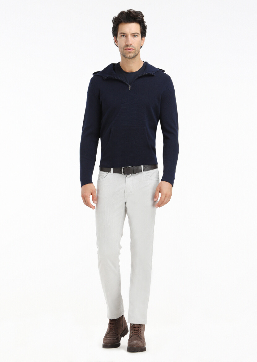 Açık Gri Fitilli Dokuma Slim Fit Kadife Casual Pamuk Karışımlı Pantolon - 1