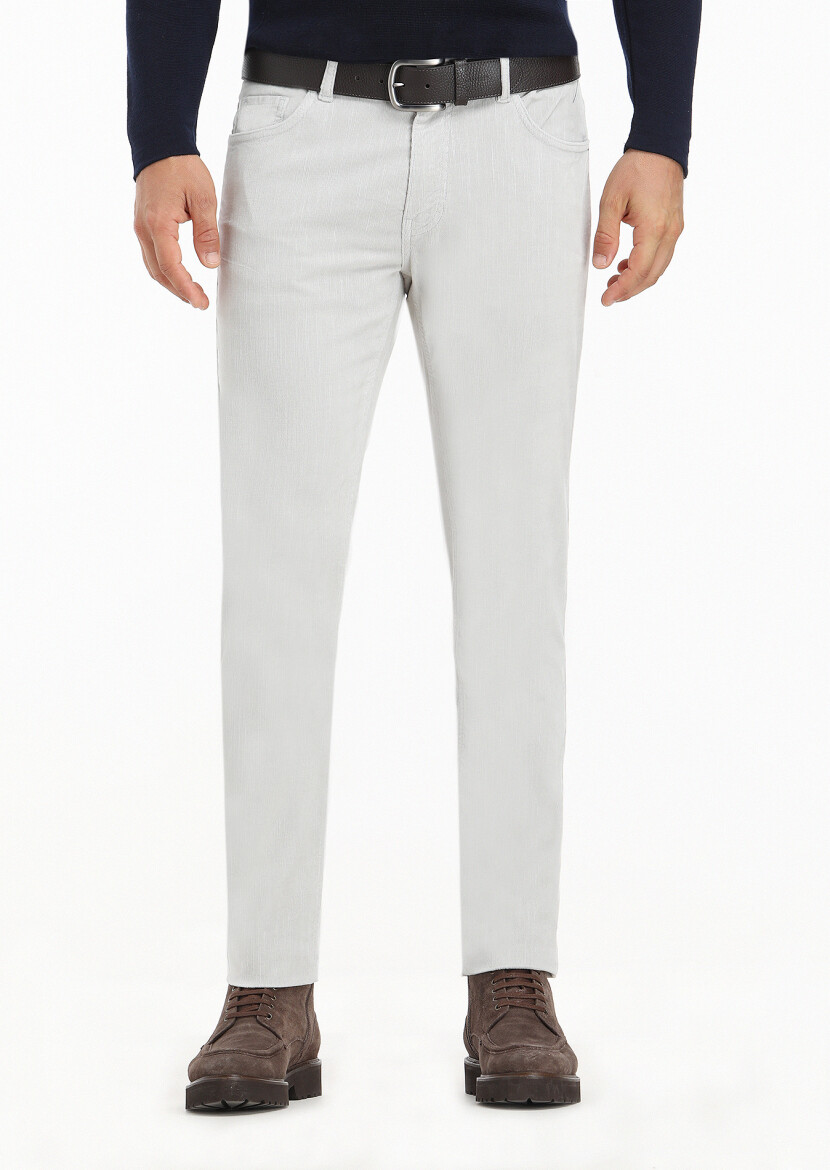 Açık Gri Fitilli Dokuma Slim Fit Kadife Casual Pamuk Karışımlı Pantolon 