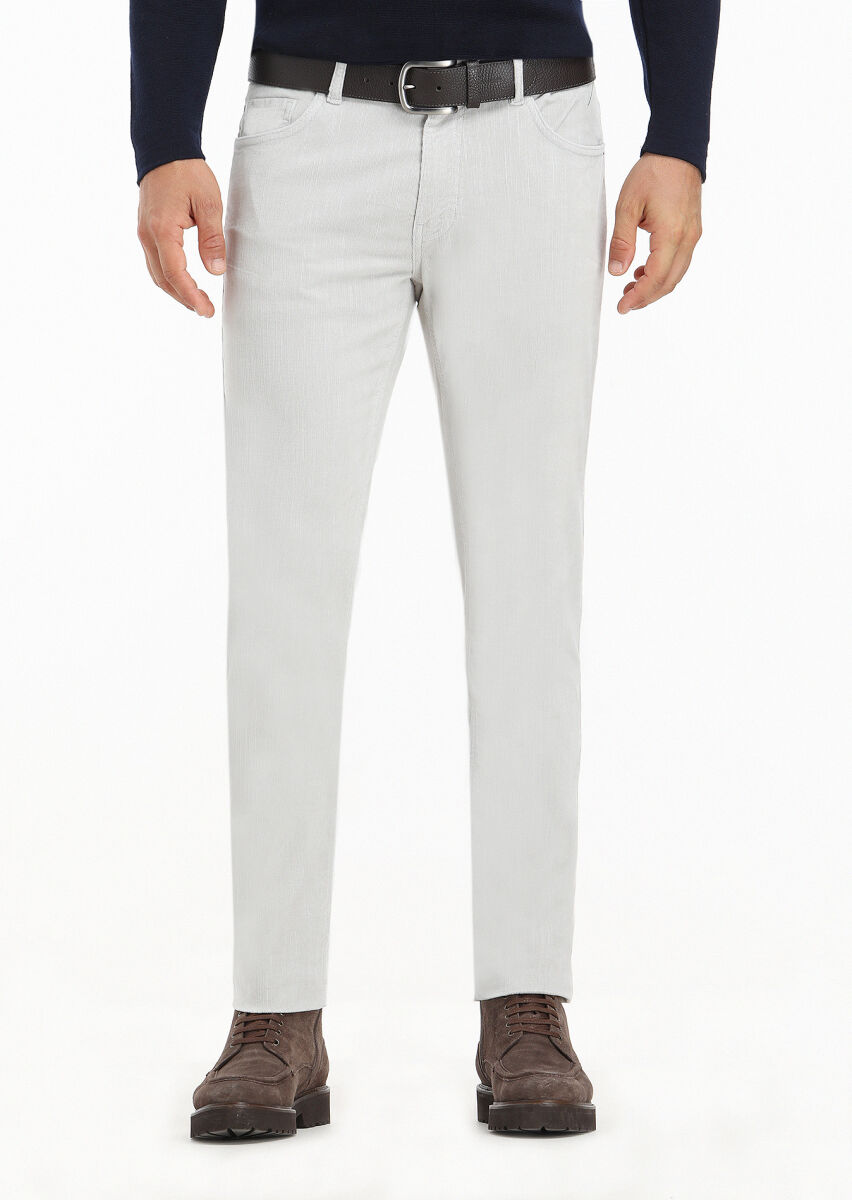 Açık Gri Fitilli Dokuma Slim Fit Kadife Casual Pamuk Karışımlı Pantolon - 2