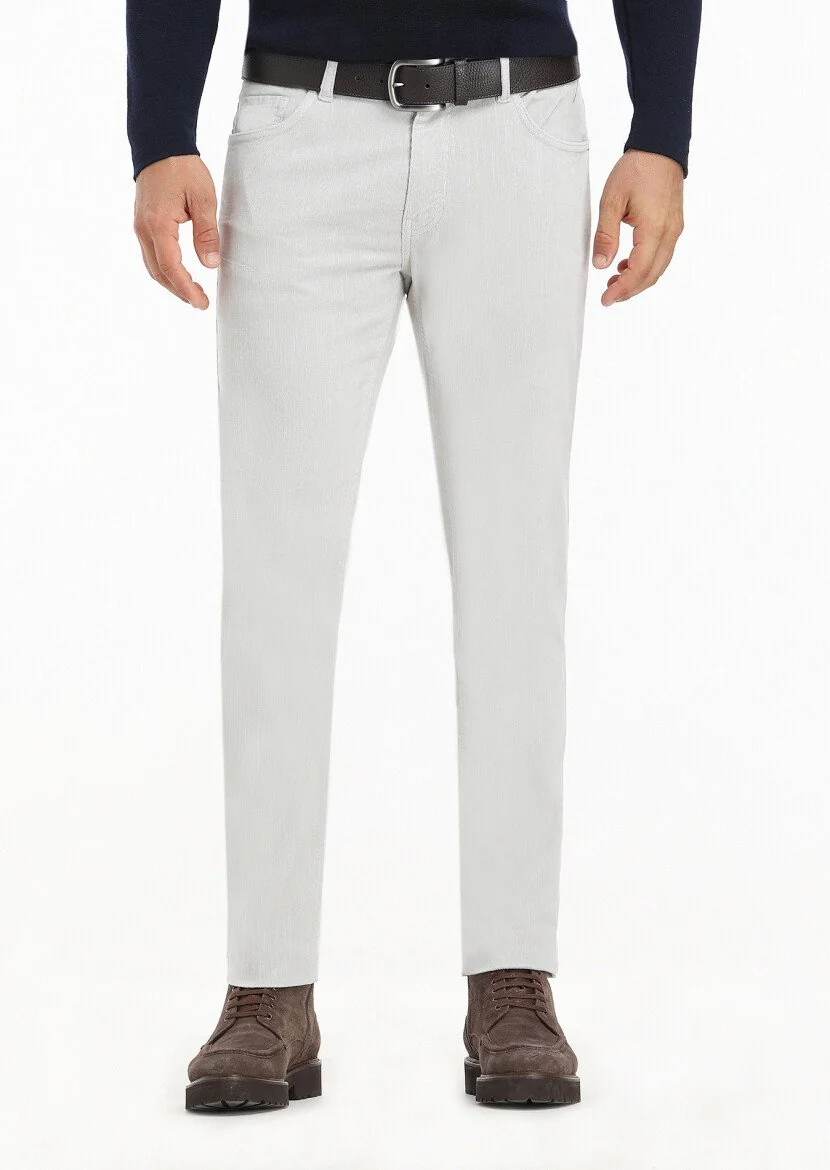 Açık Gri Fitilli Dokuma Slim Fit Kadife Casual Pamuk Karışımlı Pantolon 