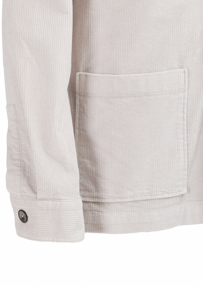 Açık Gri Fitilli Regular Fit Uzun Dokuma Kadife Pamuk Karışımlı Overshırt - 3