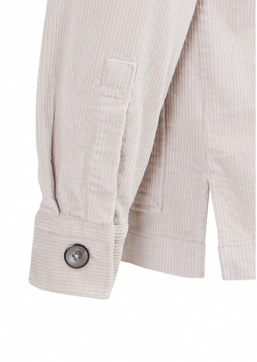 Açık Gri Fitilli Regular Fit Uzun Dokuma Kadife Pamuk Karışımlı Overshırt - 4