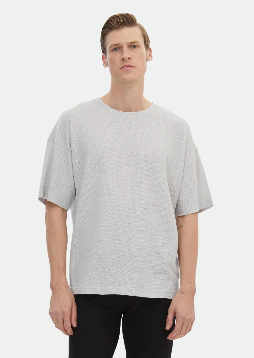 Açık Gri Jakarlı Bisiklet Yaka %100 Pamuk T-Shirt 